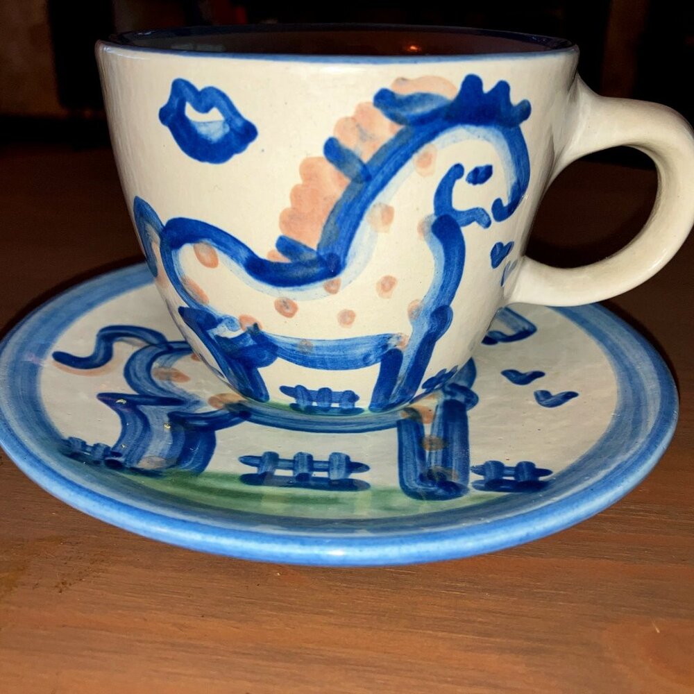 M A Hadley Horse Theme Under Plate and Coffee Cup Signed Hand painted